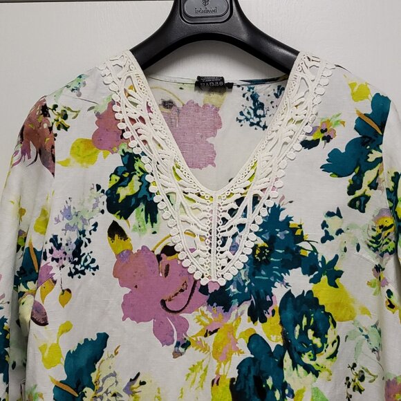 Premise Womens Top Large Linen Blend Boho Floral Lace Accent Coastal Cottagecore - Picture 2 of 14